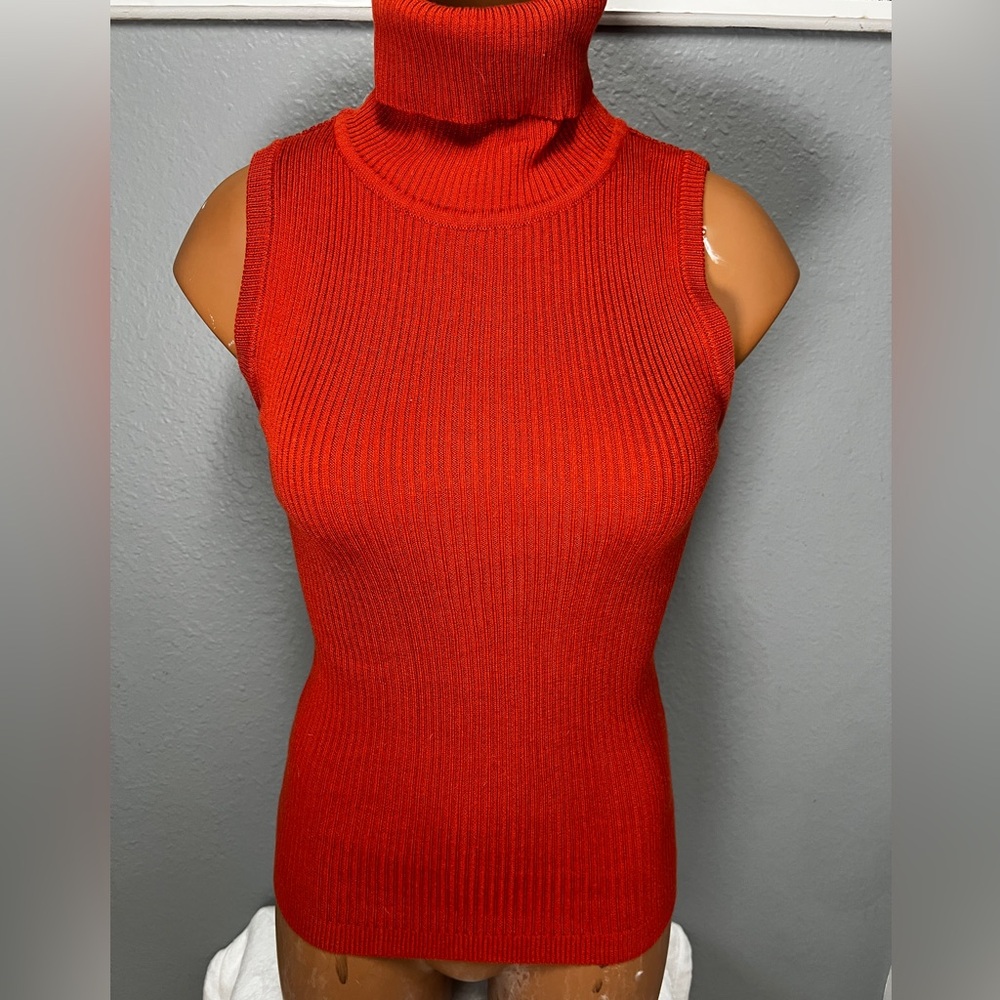Orange Sleeveless Ribbed Turtleneck Top